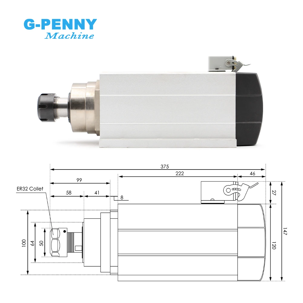 G-Penny 6kw Air Cooled Spindle Motor 4pcs Ceramic Ball Bearings ER32 300Hz 220v / 380v With Mounting Flange 0.01mm Accuracy