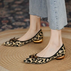 2024UETEEY Women's Low Sole Shoes Pointed Toe Mary Jane Shoes Black Panther Print Horsehair Shoes Women's Pullover Ladies