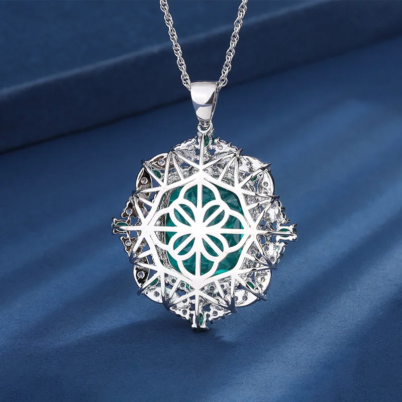 Sterling 925 Silver Elegant Green Zircon Geometric Pendant Necklace for Women Upscale Bride Wedding Party Trendy Jewelry Gift