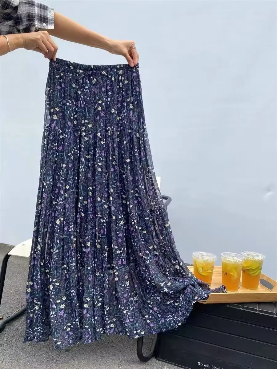 Jupe mi-longue trapèze taille haute, imprimé Floral, en mousseline de soie, fine, longue, coréenne, pour les déplacements, coupe ample, Production chinoise