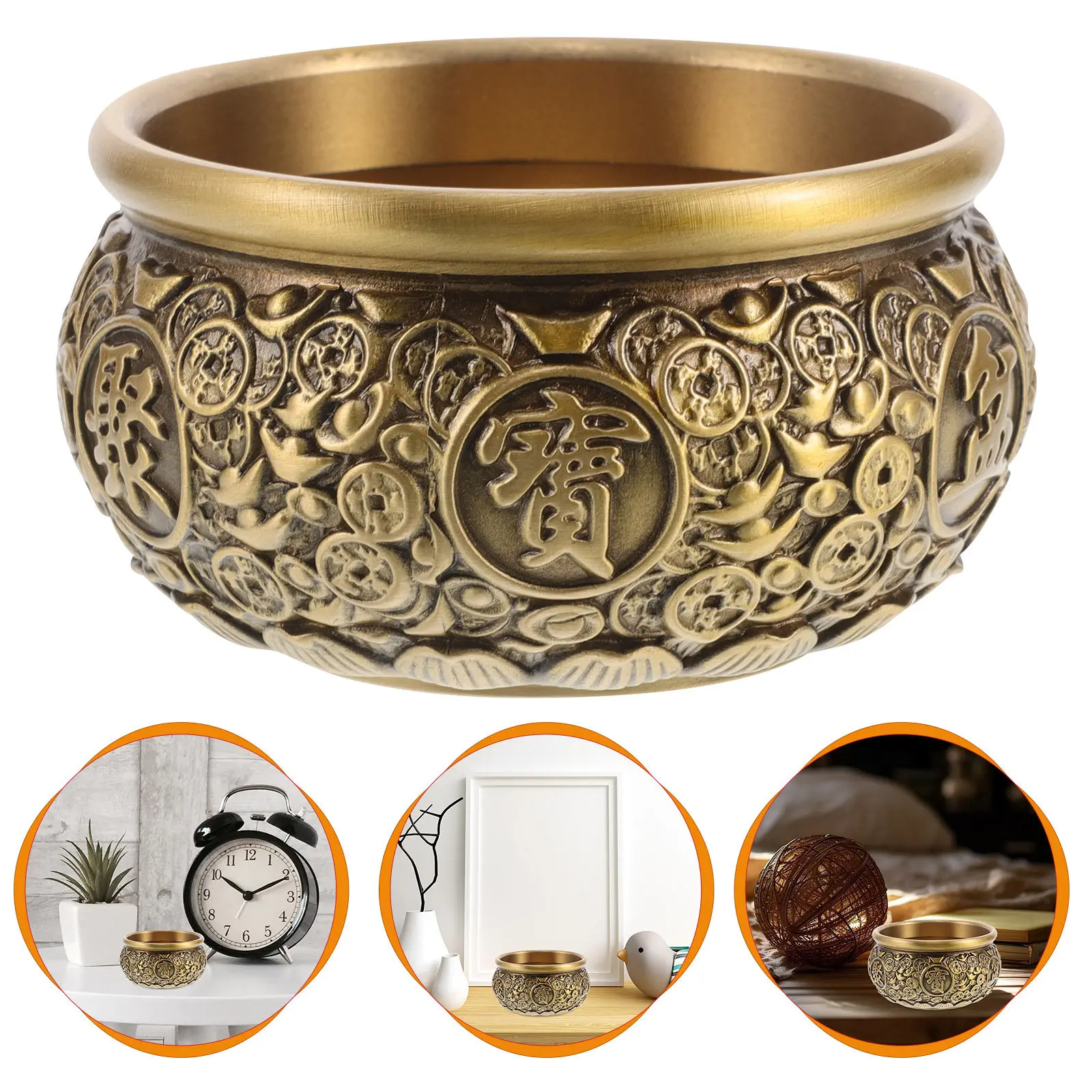 Brass Treasure Basin Vintage Copper Feng Shui Decor Lucky Money Bowl Symbolizing Wealth Accumulation Home Office Decoration
