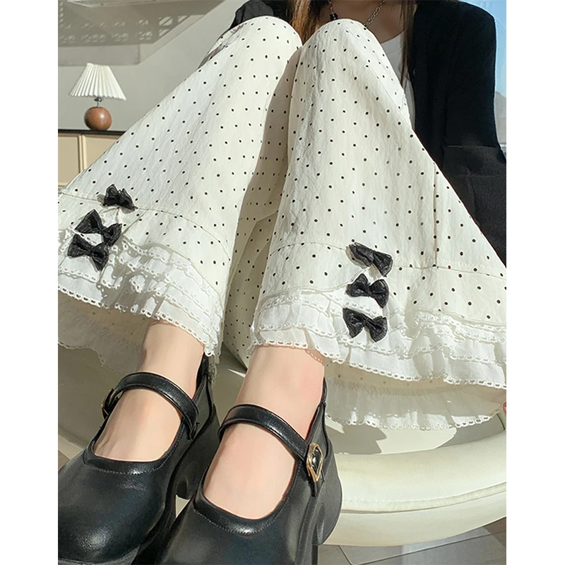 

Kawaii Bow Wide Leg Pants Women Harajuku Cutecore Polka Dots Baggy Pants Summer Fashion Korean Lace Ruffles Straight Trousers