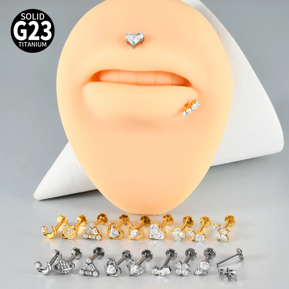 G23 Titanium Moon CZ Internal Thread Labret Piercing Earring