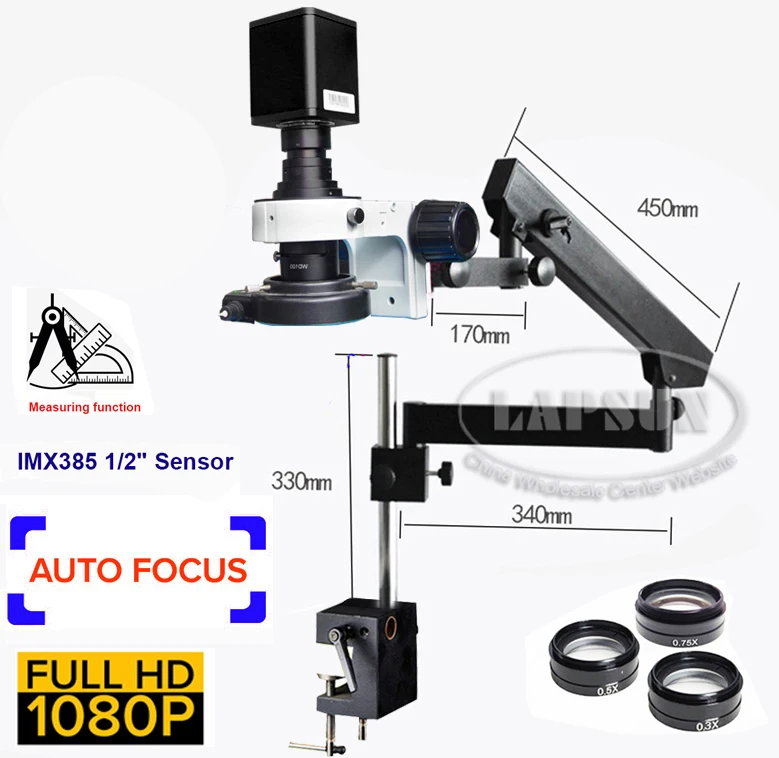 Lapsun IMX385 V2 60FPS Auto Focus HDMI WDR Video Industry C-Mount Camera Microscope Set Articulating Stand Clamp Barlow Lens Kit