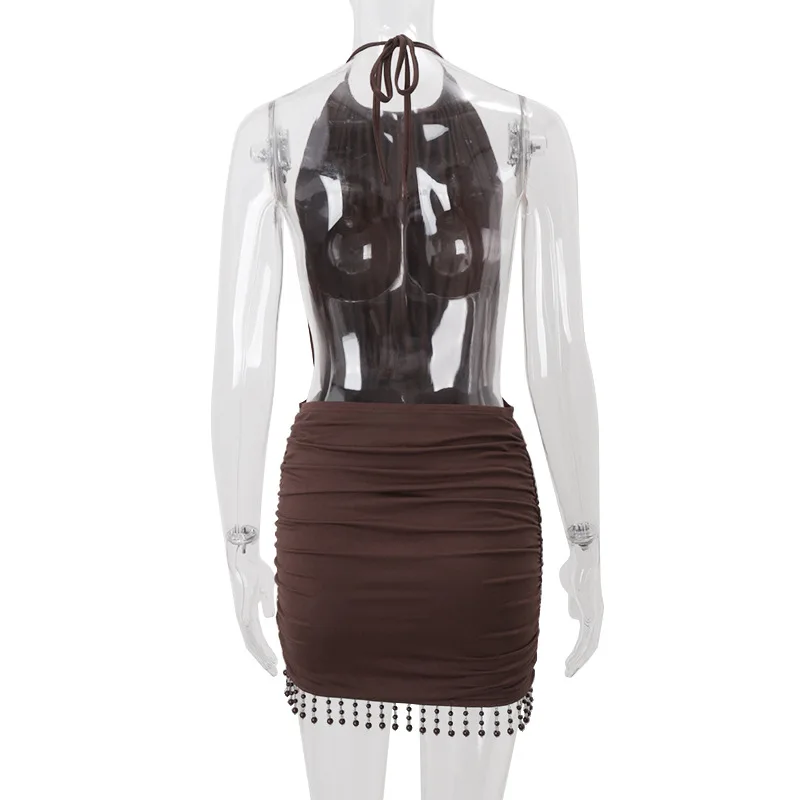 Minivestido ceñido con espalda descubierta y borlas con cuentas para mujer, minivestido Sexy con cordones y cuello Halter, sin mangas, ajustado, para fiesta y discoteca