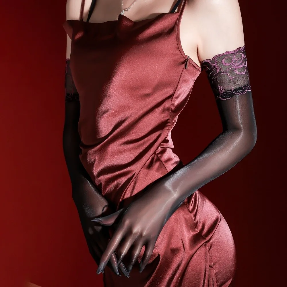 Women Ultra-thin Five Finger Gloves Oil Smooth Lace Cuff Mittens Tight Stretchy Stockings Glove Sheer Nightclub