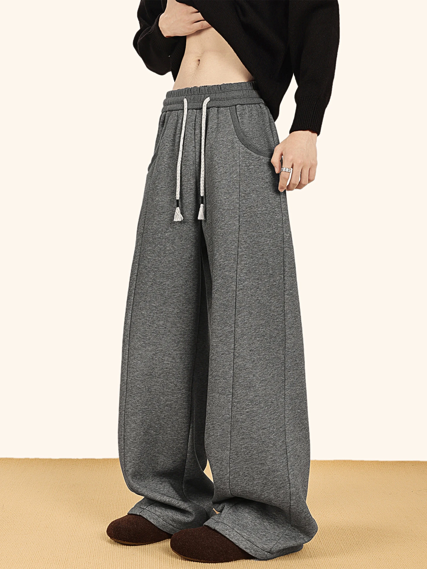 

Thiened Fce Men's Casual Pants Autumn Winter Straight Leg Loose Wide Leg Casual Trousers Deep ey Knife Comfortable