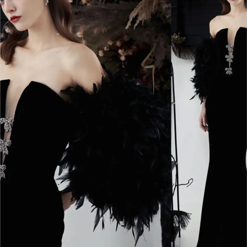 Black Toast Dress Morning Gowns Birthday Banquet Performance Feather