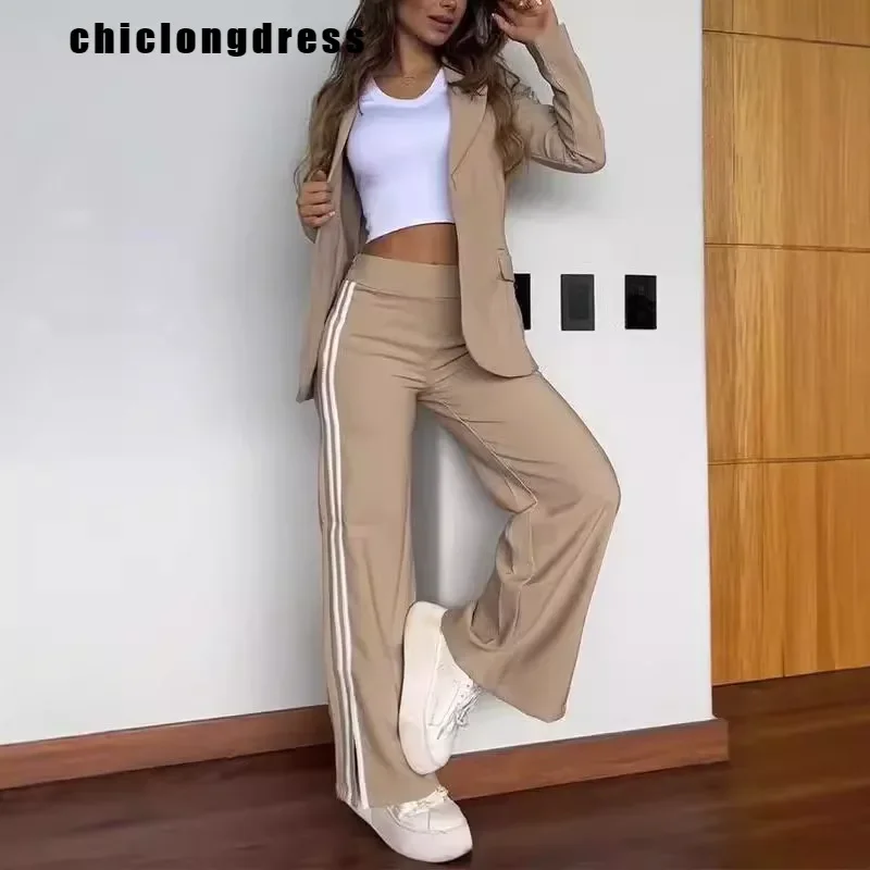 Autumn Winter Fashion Striped Two Piece Set Women Casual Striped Suit Jacket Wide Leg Pants Two Piece Set Women