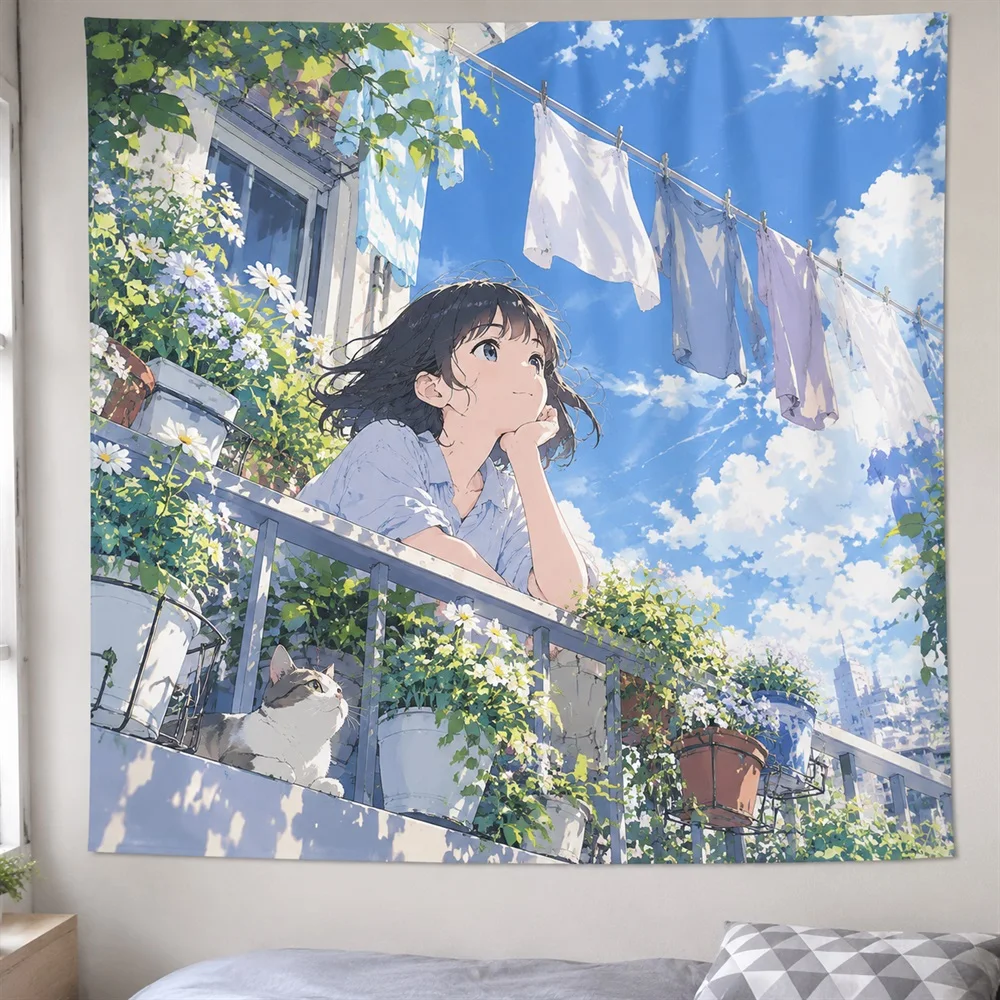 VIKAMA Balcony Plants Anime Tapestry Wall Hanging, Aesthetic Green Anime Room Decor Tapestries for Bedroom Living Room Bathroom