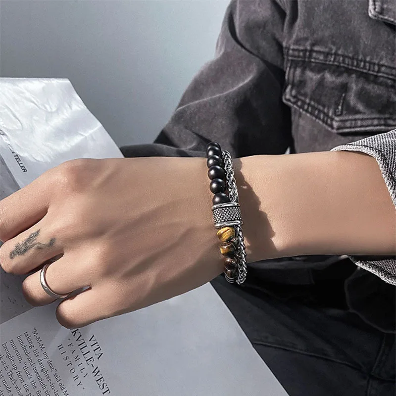 1 Piece Simple Temperament Black Beaded Chain with Natural Stone Beaded Chain Bracelets MEN\'S FASHION Items Holiday Travel Gift