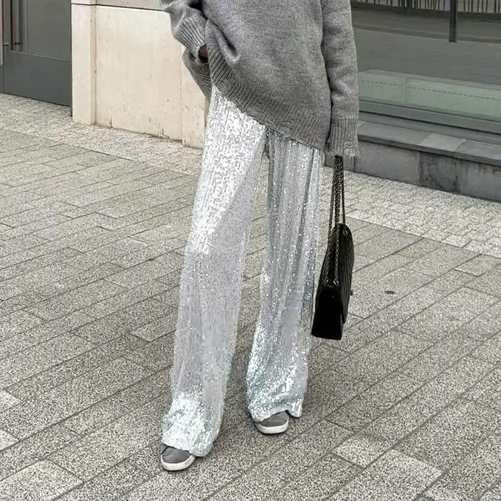 Women Pants Mid-rise Solid Color Sparkling Sequins Casual Trousers Wide Leg Stage Dance Pants Night Club Party Wear 여자 바지