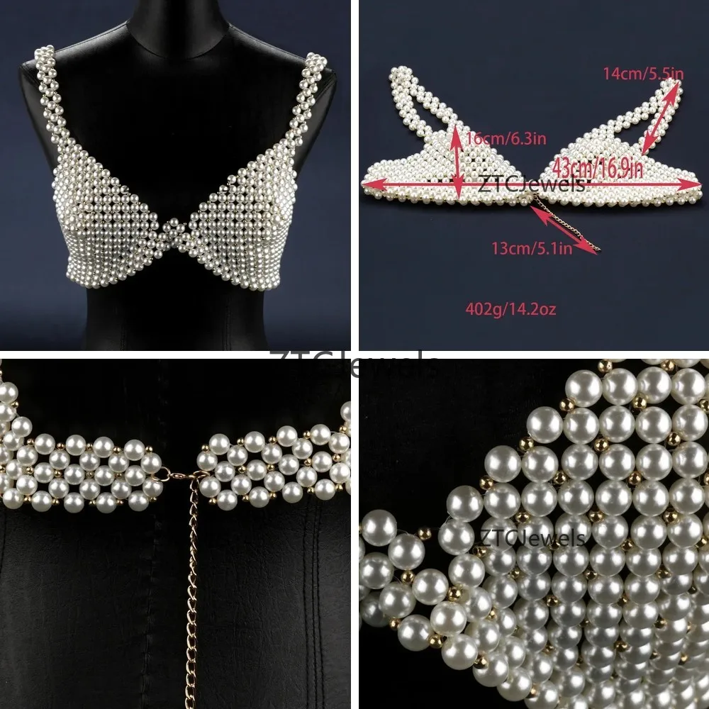 

Sexy White Pearl Beaded Bra Top Backless Sleeveless Crop Top for Women Beach Party Cosplay Rave Festival Night Out Cover Up