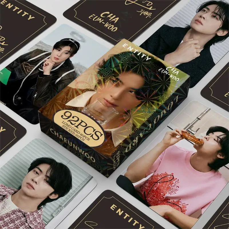 

92Pcs/Set Cha EunWoo Holographic Lomo Cards Korean Idol Laser Photo with Stickers Collectible Fan Art