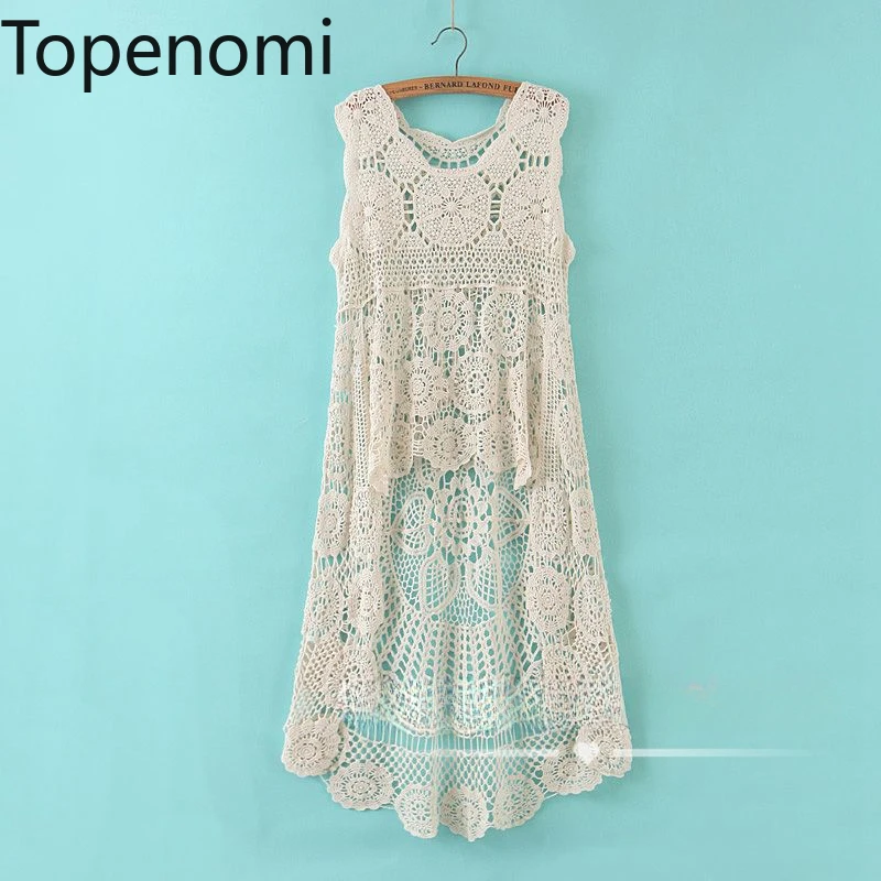 Topenomi Hollow Hook Flower Sleeveless Knit Dress Women Vintage O Neck Design A Line Beach Vest Dresses Solid Fashion Vestidos