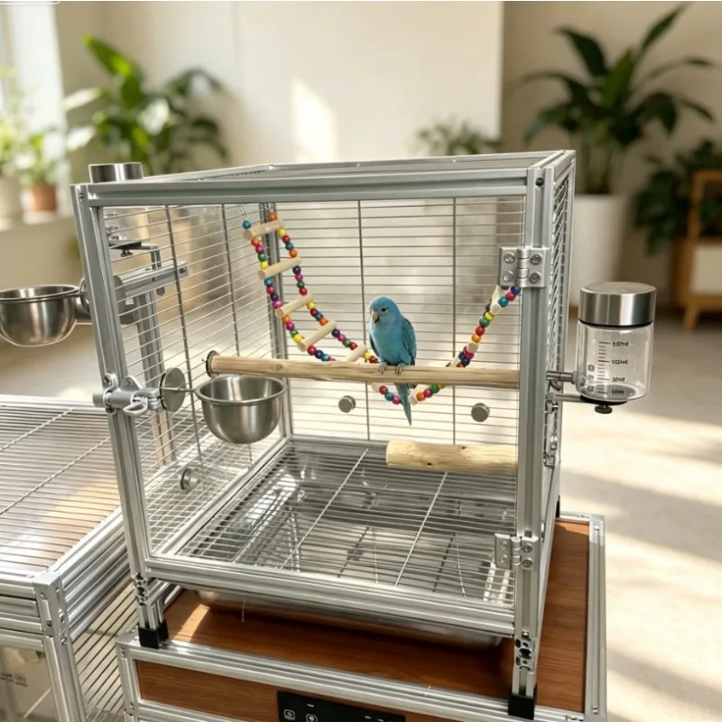 Shattered tempered glass parrot cage aluminum alloy frame with detachable garbage tray