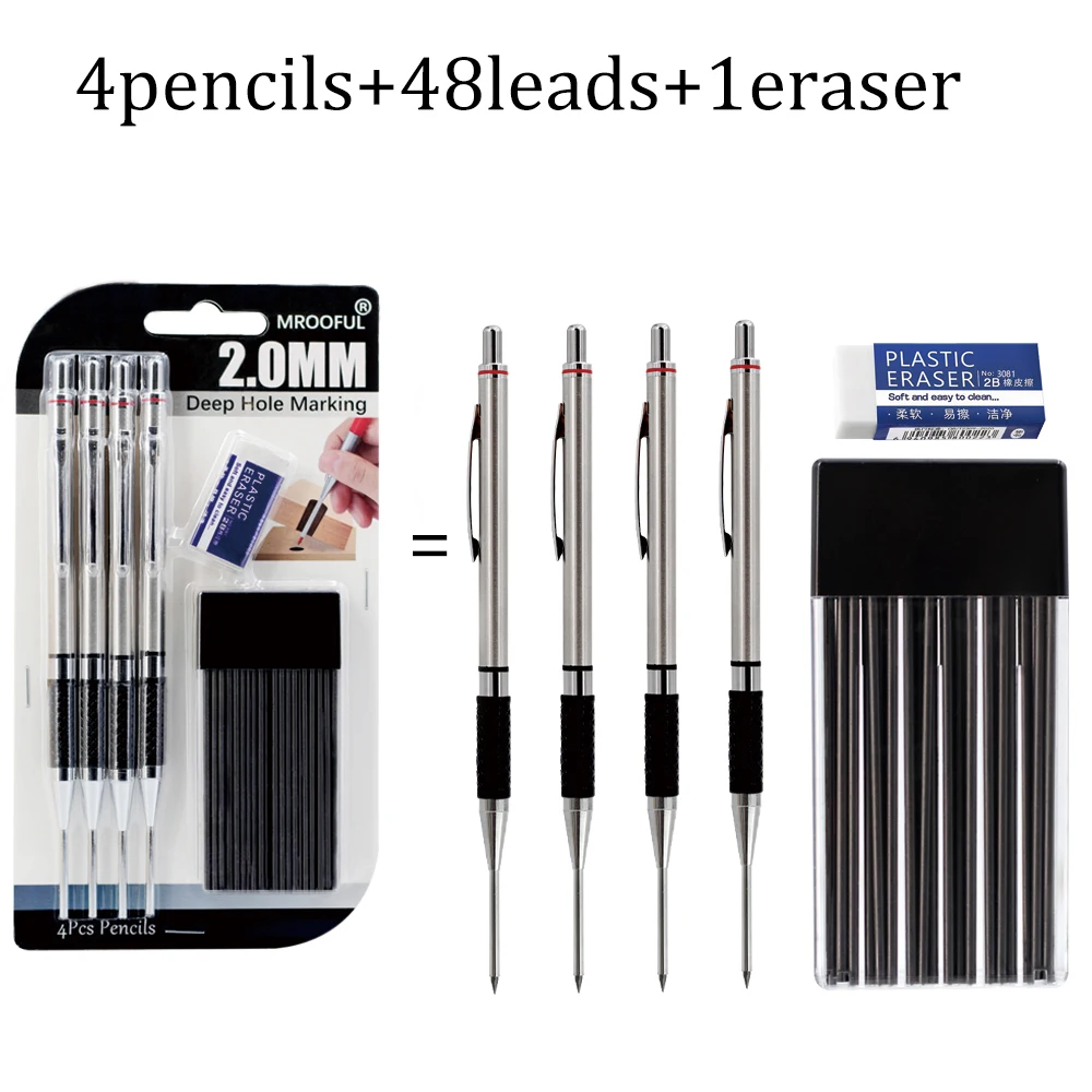 3 Stijlen 2.0mm Lange Punt Timmermans Mechanisch Potlood Set Voor Diepe Gat Markering, Automatisch Potlood Ingenieurs Tekenen Markeringstool