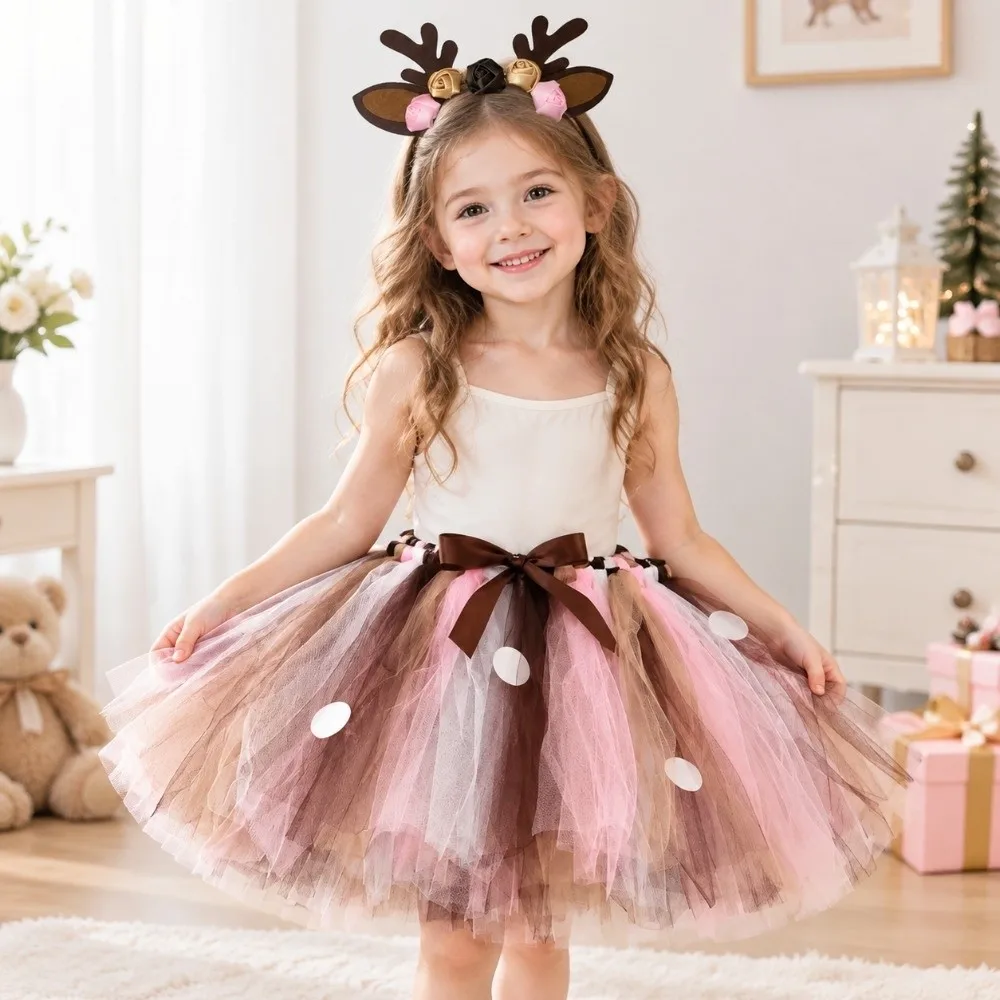 Cute Christmas Costume Reindeer Tulle Skirt Brown Deer Fluffy Girl Tutu Skirt With Hairband Tutu Dress Children