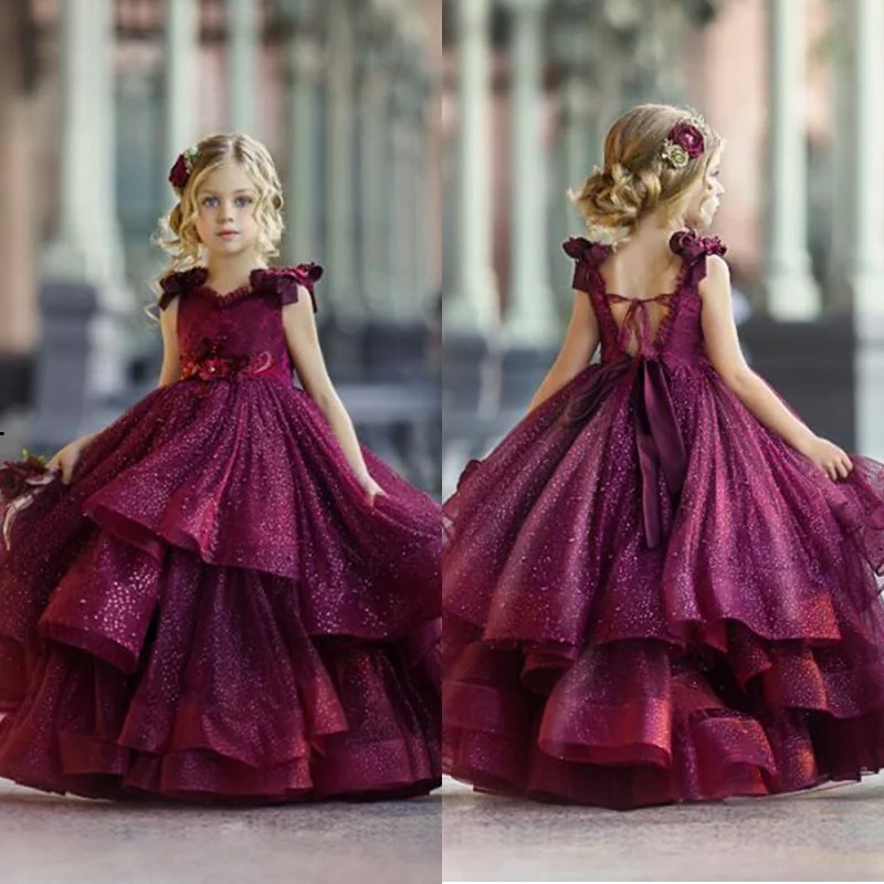 Robes à fleurs pour petites filles, pour mariage, dentelle, perles, fleurs 3D appliquées, robes de concours, robes de fête, vêtements de princesse