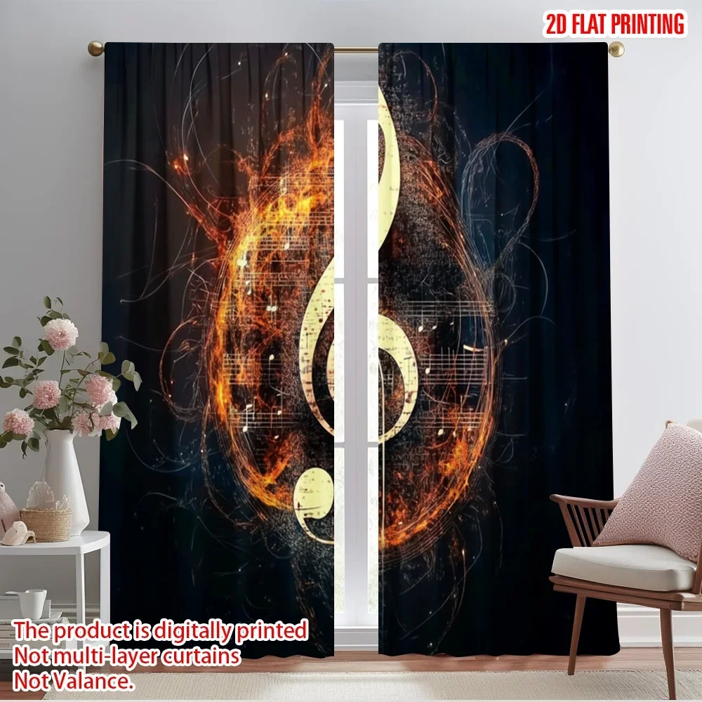 2pcs,2D plane printing Print Curtains Fiery Clef Harmony Versatile 100% Polyester (without rod) Gifts for Bedroom, Office,