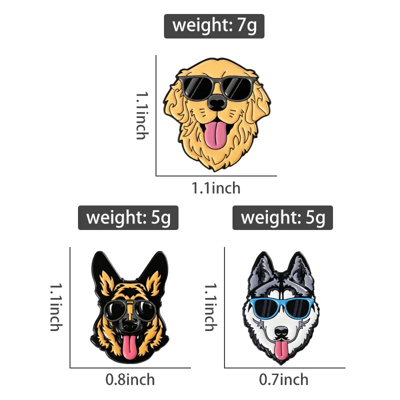 Golden Retriever German Shepherd Husky Dog Enamel Pins Cute Dog Wear Sunglasses Spits Tongue Brooches Lapel Badge Jewelry Gift