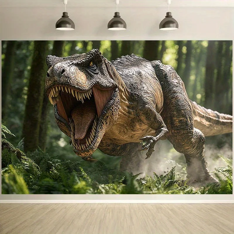 Realistic Tyrannosaurus Rex With Open Mouth And Green Trees Art Print For Home Or Party Decoration