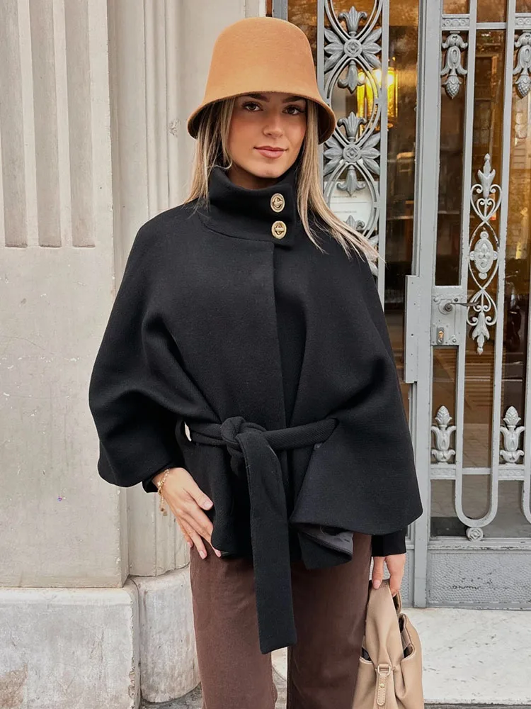 HH Women's Winter New Fashion Versatile Stacked Decorative Wool Short Coat Female Temperament High Collar Belted Jacket Mujer