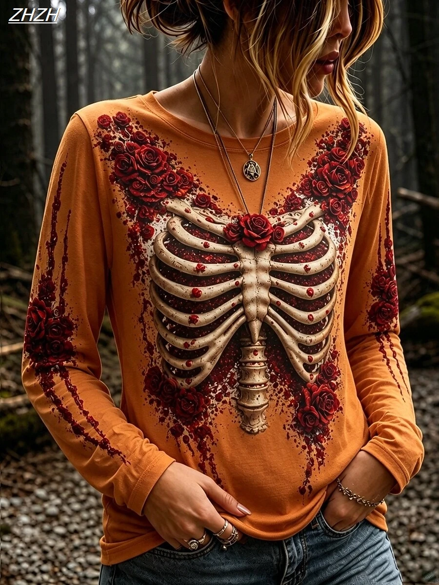 Halloween Women's T Shirt Print Graphic Skeleton Vintage Fashion Modern Long Sleeve Crew Neck Regular t shirt