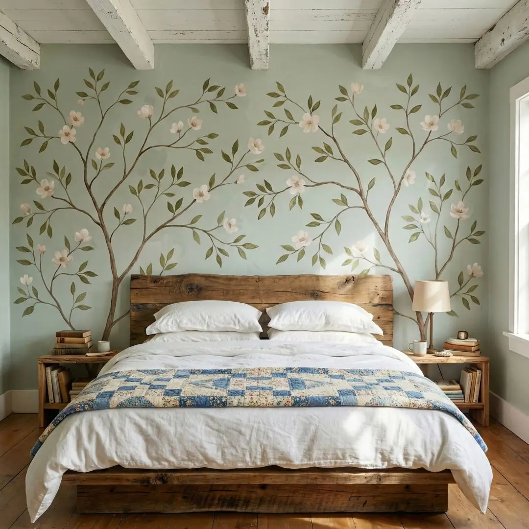 5+ Modern Sage Green Cherry Blossom Tree Wall Mural Wallpaper Inspired Floral Nature Walls Art Decor for Bedroom TV Living Room