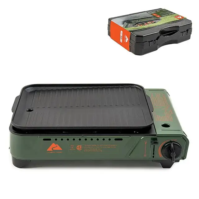 Ozark Trail Plancha de butano para exteriores, 7650 BTU, plancha de aluminio fundido de 15"x12", compacta, aprobada por CSA, color verde