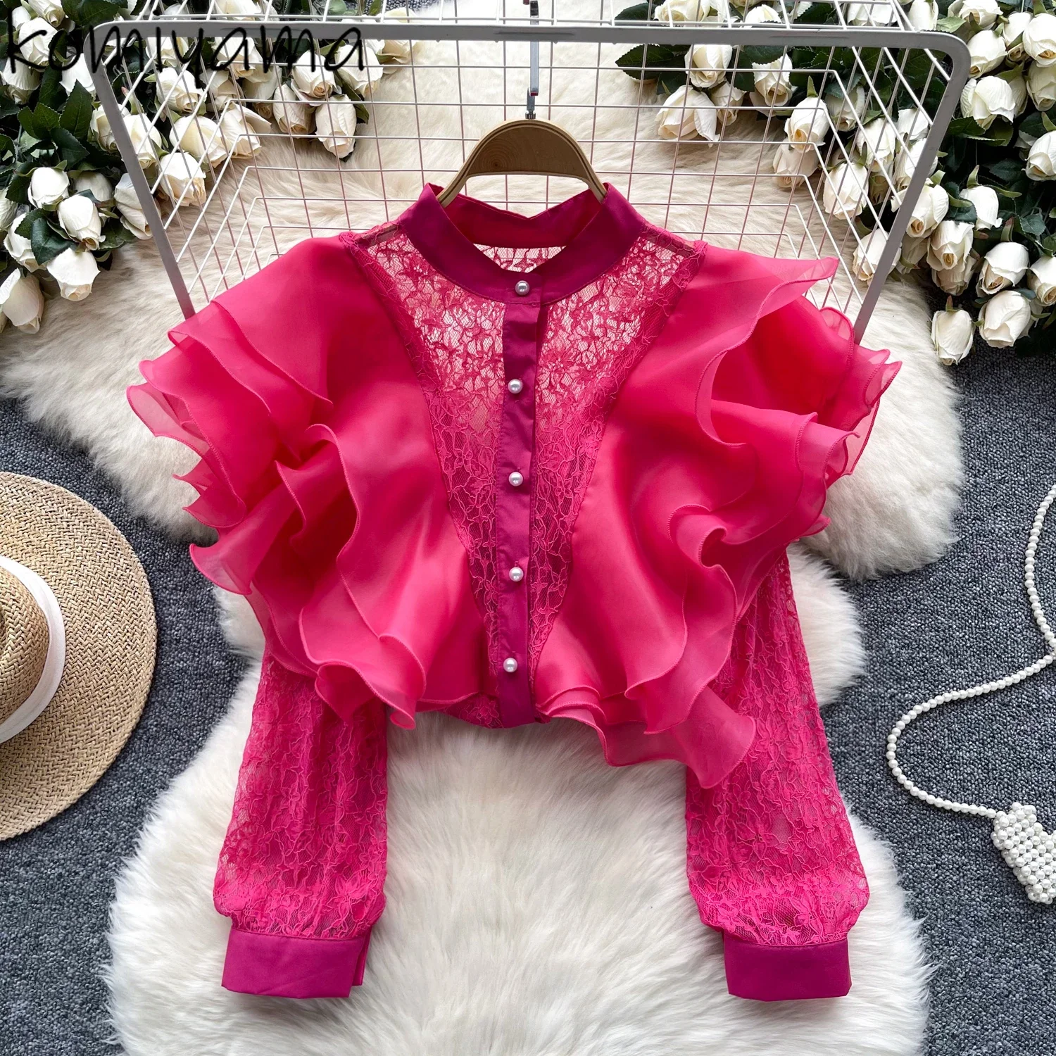 New 3d Ruffles Blusas Mujer Pearl Button Woman 2025 Shirts Blouses Single Breasted Camisas Spring Women Clothing Lace Ropa Mujer