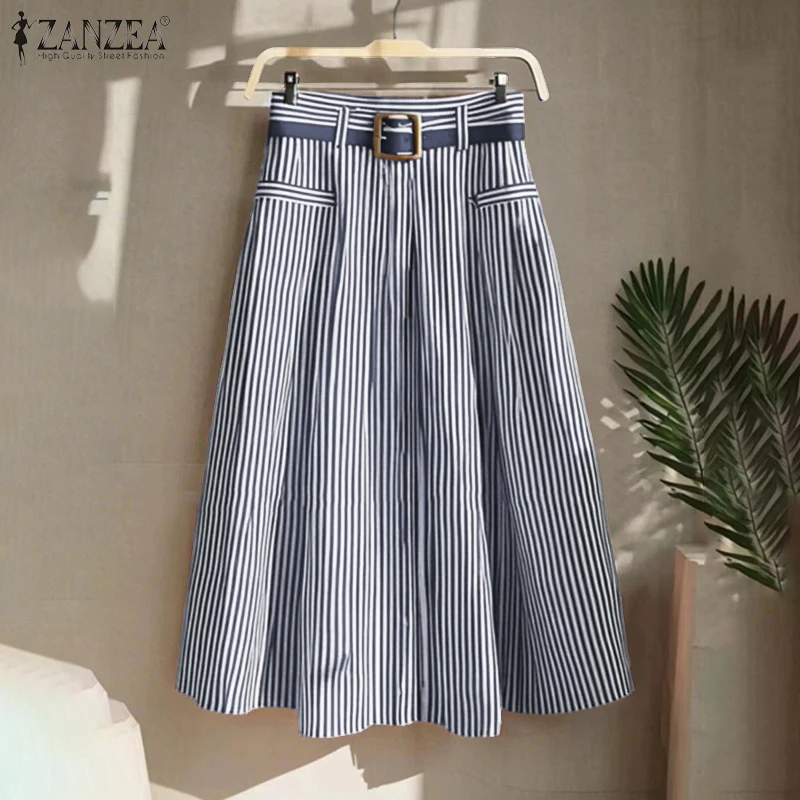 ZANZEA Women Fashion Office Stripe Skirts 2026 High Waist Pleated Jupes Thin A-Line Midi Skirt No belt Elegant Party Faldas Saia