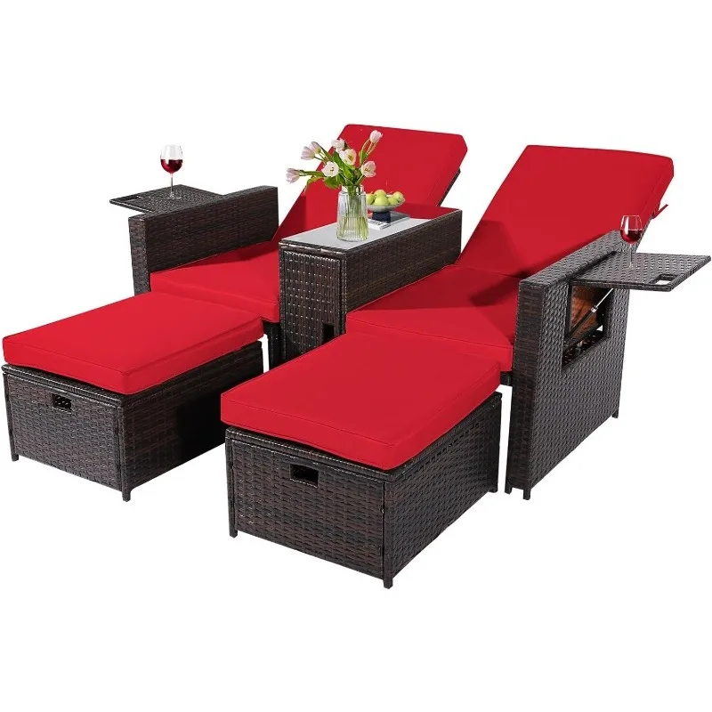 5PCS Outdoor Wicker Chaise Lounge Chair - Rattan Adjustable Reclining Patio Lounge Chair with Ottoman and Coffee Table