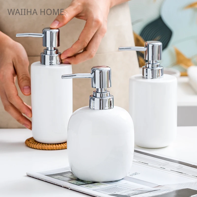 Soap Dispenser Bathroom Ceramics Shower Gel Shampoo Bottle 300-450ml White Ceramic Emulsion Dispensing Bottle For Kitchen