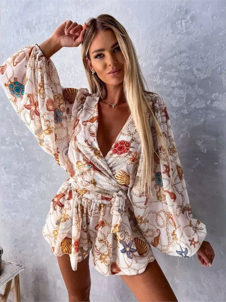 Spring Summer Boho Women Jumpsuit Fashion Deep V Neck Lantern Sleeve Casual Print Rompers Shorts Women\'s Elegant Jumpsuits New