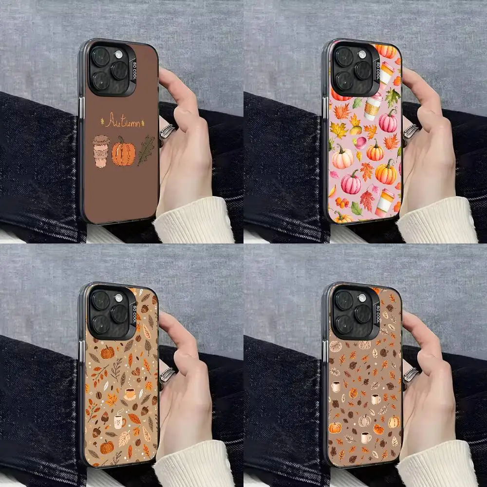 

Autumn Leaves Pumpkin Coffee Phone Case For iPhone 17,16,15,14,13,12,Pro,Max,Plus,E,SE4,Air,Mini Black IMD Box