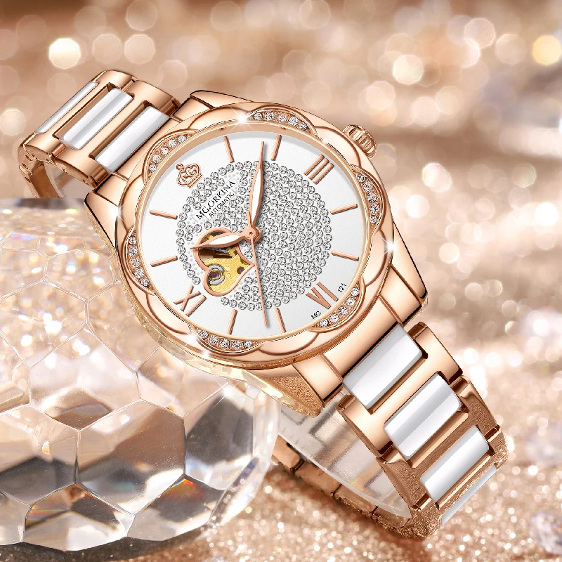 ORKINA Women Automatic Watch Elegant Design Open Heart Diamond Dial & Bezel Premium Ceramic Strap Ladies Mechanical Wristwatch