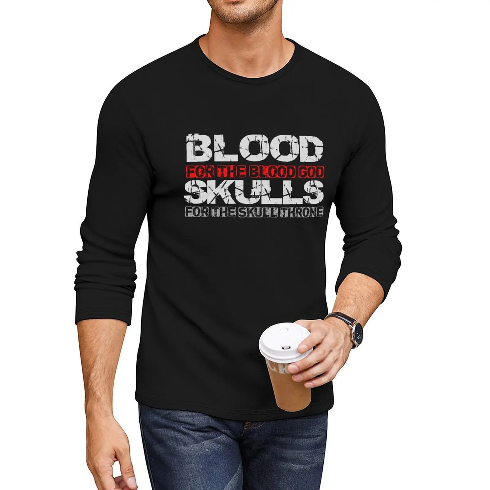 

Blood For The Blood God, Skulls For The Skull Throne Print Long T-Shirt Blouse cute clothes mens tall t shirts