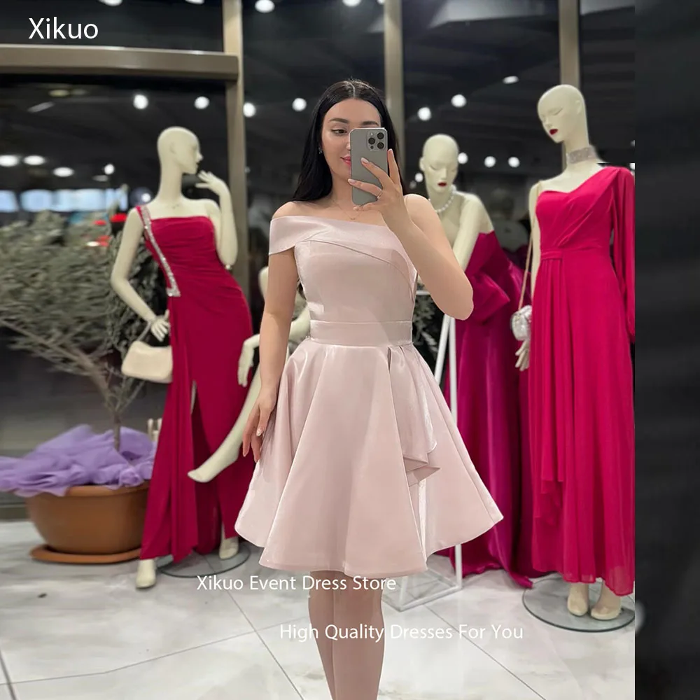 

Xikuo Light Pink One Shoulder Prom Dress A Line Satin Bespoke Occasion Prom Mini Length Pleated Modern Robe De Soirée Customized