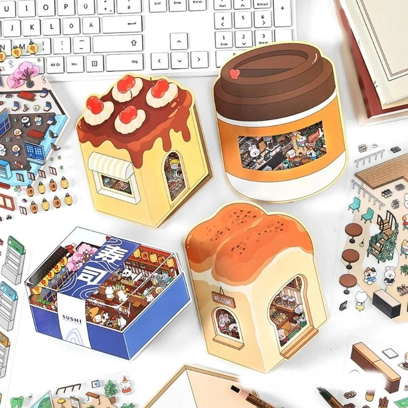 DXAB Cartoon Cake Shop Landscape Sticker 2,5D Сцена наклейка DIY Сцена Make Sticker