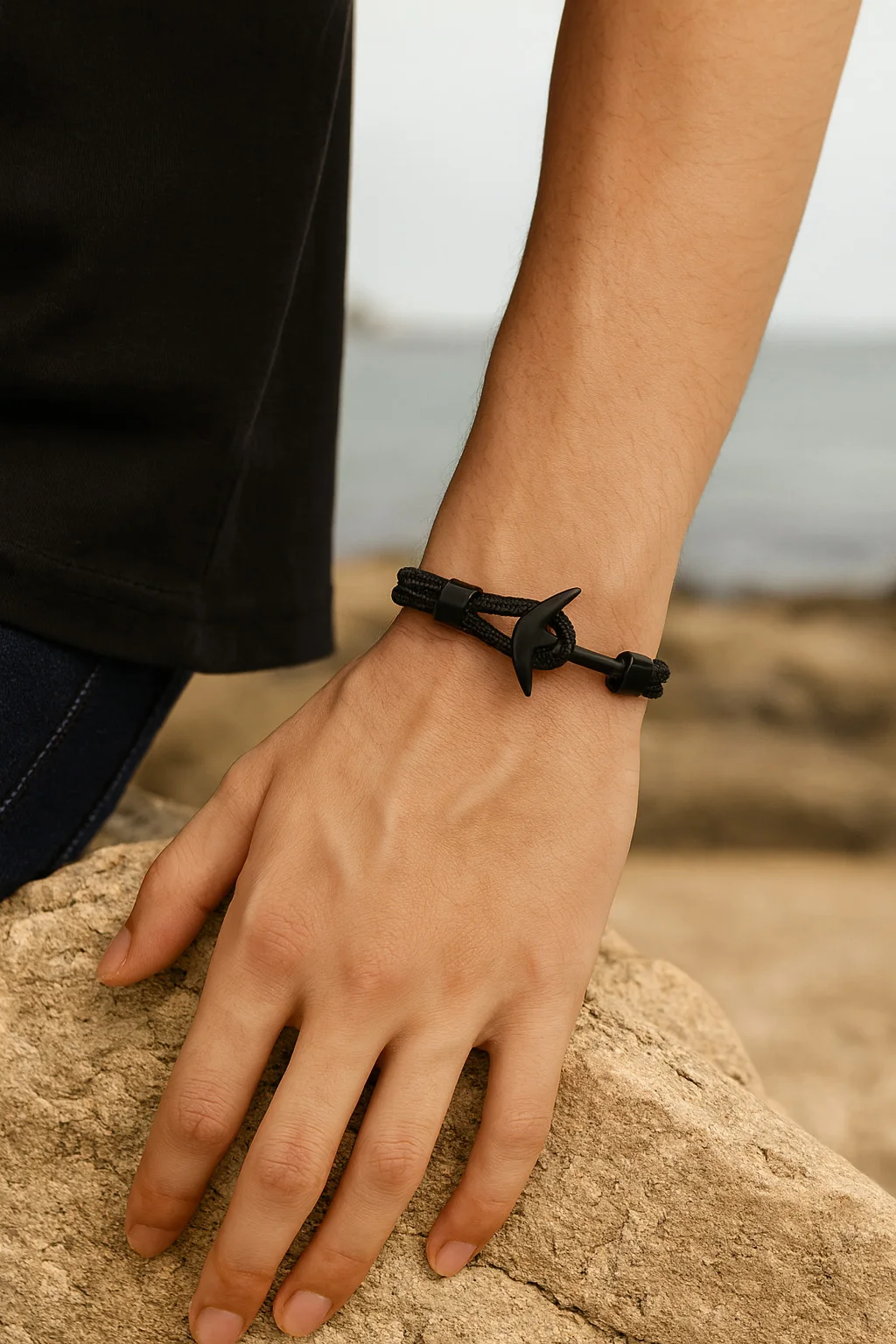 

Kirykle Men's Black Anchor Bracelet Adjustable Nautical Rope Wristband Fashion Jewelry for Surfer Sailor Outdoor Gift