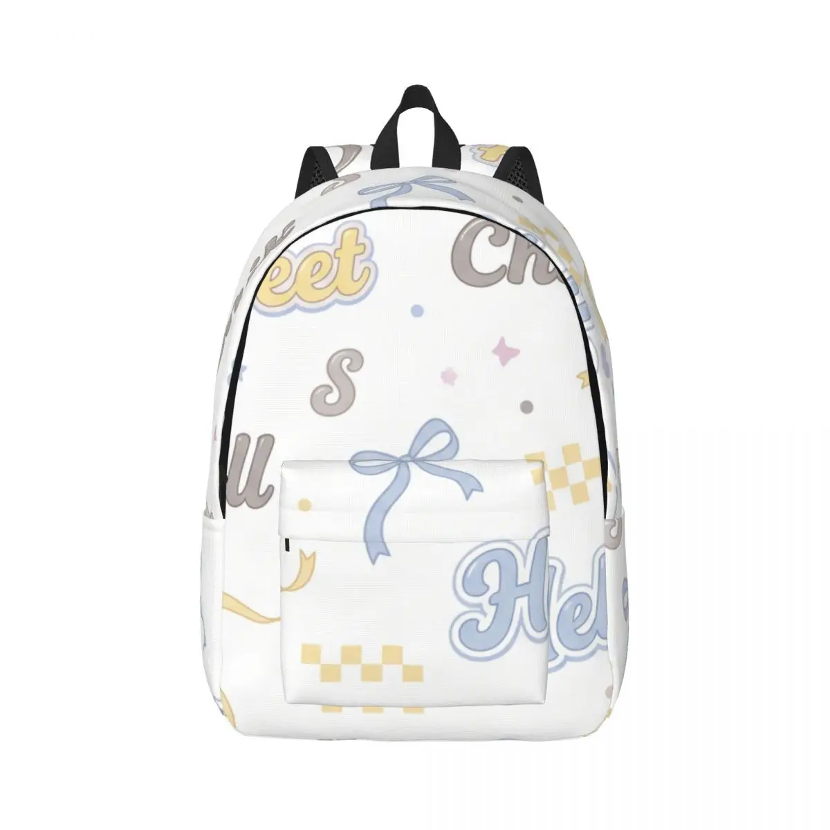 Lovely Cute Casual Backpack Tossed Hello Sweet Words Y2K Coquette Light Ground Cute Daypack for College Class Weekend Gift Teens