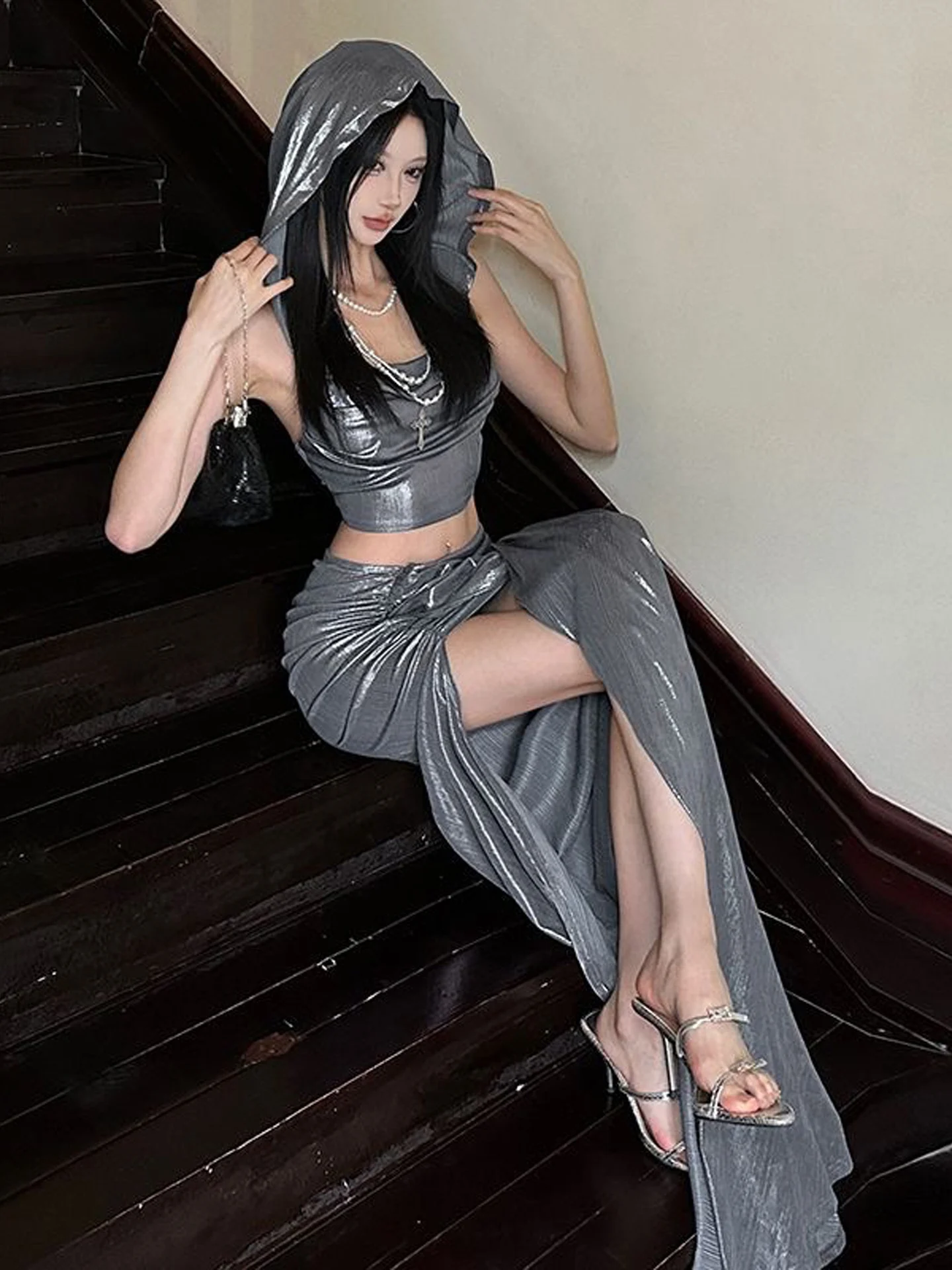  Inspired Women's Two-Piece Set with Slits High Waist Pleated Slim Fit Long Skirt Hooded Short Top for Autumn