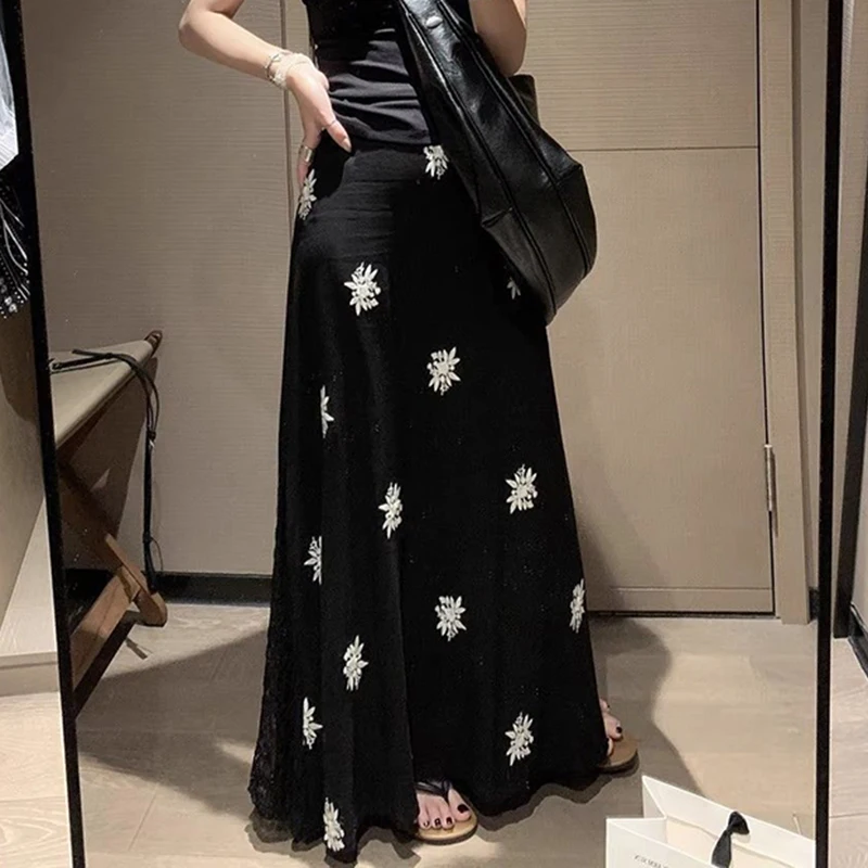 Linnen Geborduurde Rok Vrouwen Kant Patchwork Hoge Taille Een Lijn Chique Rok Harajuku Y2K Strand Vakantie Lange Rok