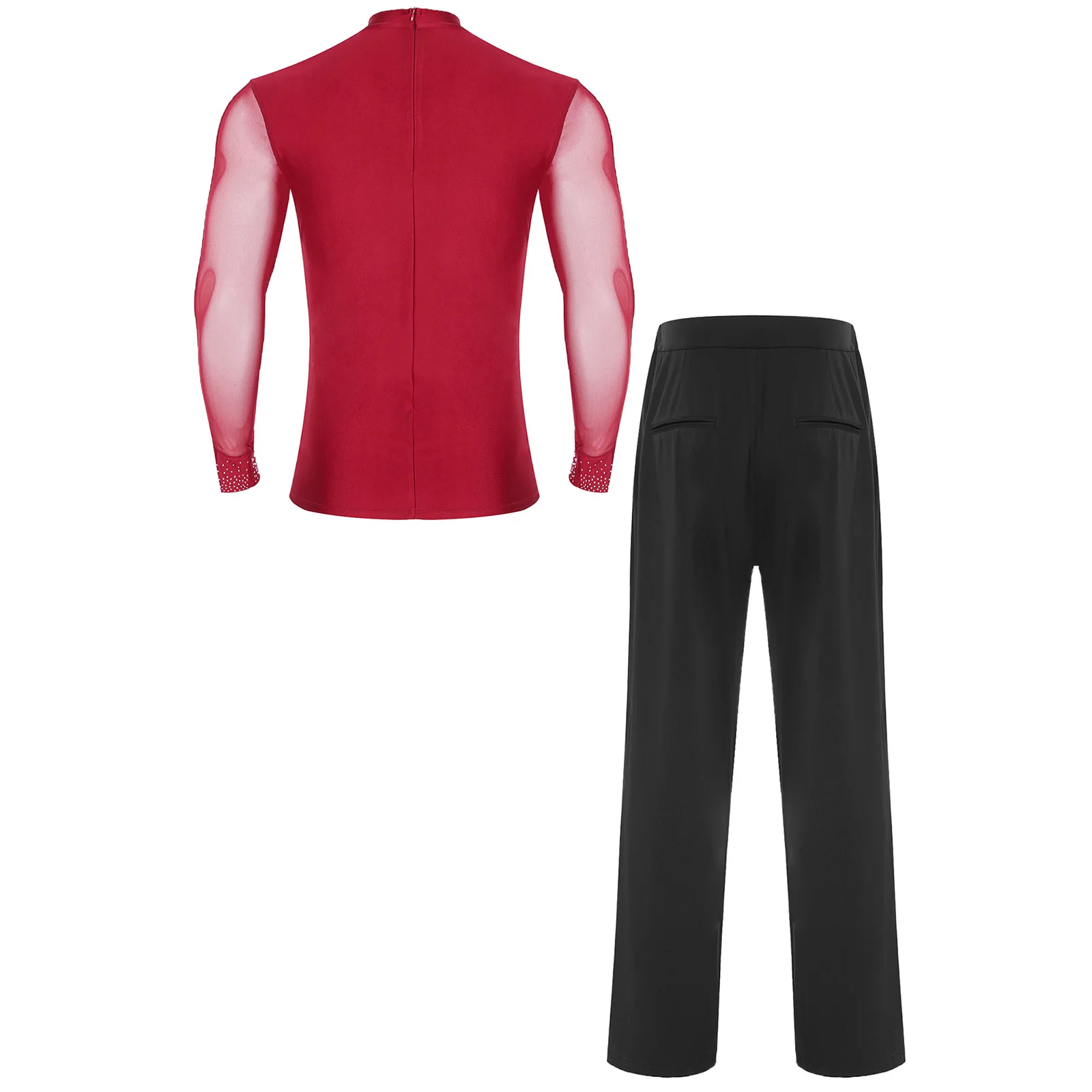 Tenue de danse de Ballet latine pour hommes, haut en maille transparente brillante et pantalon Long droit ample, vêtements de danse pour Rumba Tango danse moderne