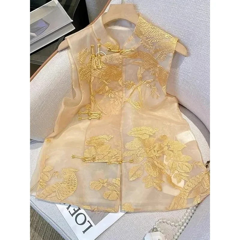 

Vest Women Stand Collar Chinese Style Tops Embroidery Print Mesh Sleeveless Vest Summer 2025 New Vintage Casual Chic Tops female