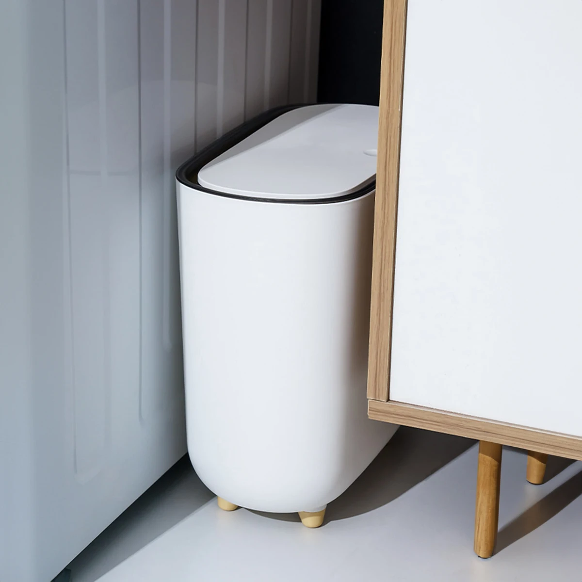 Narrow Shape Press Ring Trash Can with Lid for Bathroom Gap, Highlighting the Features of Garbage Classification