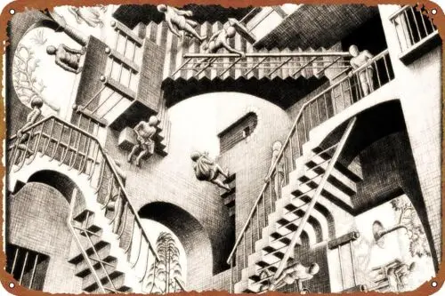 Relativity par M. C. Escher, plaque en métal, affiche artistique, décoration murale, cadeau pour la maison, en aluminium