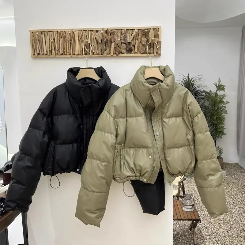 Parkas cortas de cuero Pu para mujer, ropa de calle gruesa y cálida, chaqueta de plumón, ropa de abrigo acolchada con cremallera que combina con todo, Invierno