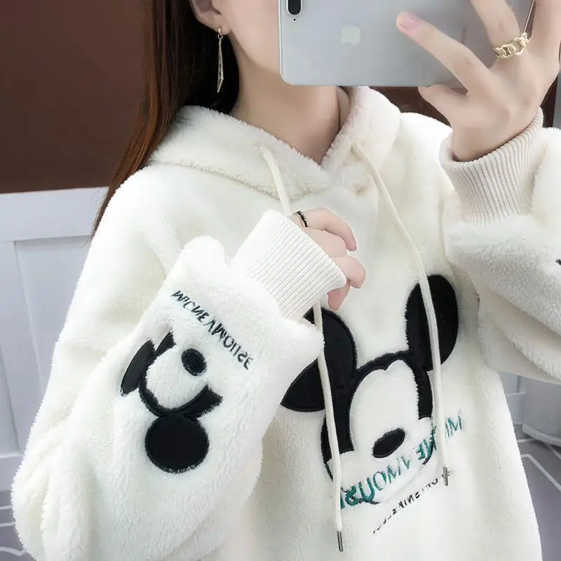 Winter Mickey Cartoon Print Sweatshirt Thick Plush Lining Hoodie Loose Korean Fashion Hoodies  Oversized Kawaii Hoodies clothing